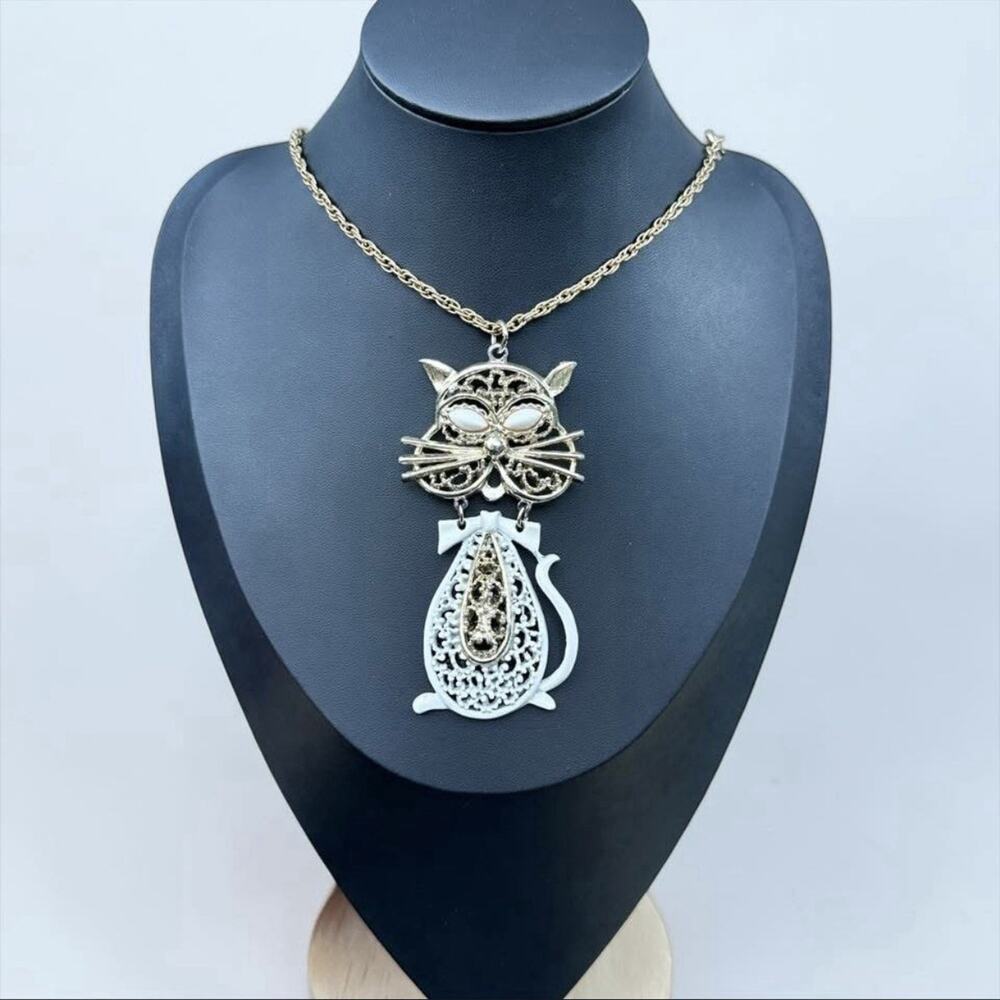 Midcentury Cat Necklace White Enamel Filigree Gold Crown Inc Articulated 25”